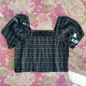 Madewell Hopewell Puff-Sleeve Crop Top Plaid Color Forest Gemma Top Size Small